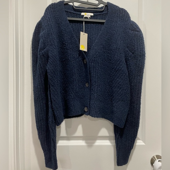 Boden Engineered Rib Knit Vneck Button Cardigan Cotton Wool Blend Navy Size M - Picture 2 of 6